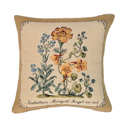 Jacquard Woven Botanical Pillow Cover | Square Vintage Floral Tapestry Cushion Case for Sofa Couch Bed Decor | Rustic Farmhouse Home Accent Throw Pillow Sham 18x18 Inch (Orange - Blue Floral Sketch) - color: Orange - Blue Floral Sketch