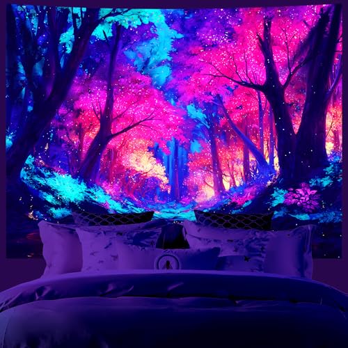 AOHMPT Blacklight Forest Tapestry Trippy Fluorescent Wall Hanging Psychedelic Pink Tree Nature Landscape Glow in the Dark Tapestries for Bedroom Decor, 79x59 In - color: Tree(3), size: 79"L x 59"W