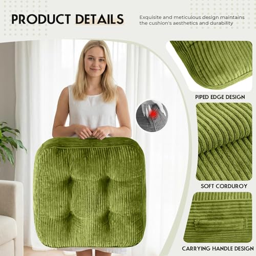 11" Thick Washable Floor Pillow for Adults, Yoga & Meditation Cushion with Handle, Square Large Pillows Seating with Removable Tufted Corduroy Cover for Tatami Living Room Board Games, Green - color: Green