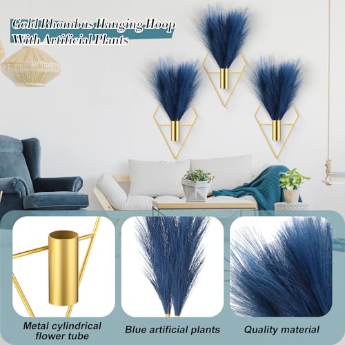 Hanaive 4 Sets Boho Wall Decoration Metal Wall Art Hanging Planters with Artificial Pampas Display Modern Home Vase for Bedroom Home Office (Soft,Dark Blue) - color: Dark Blue, style: Soft