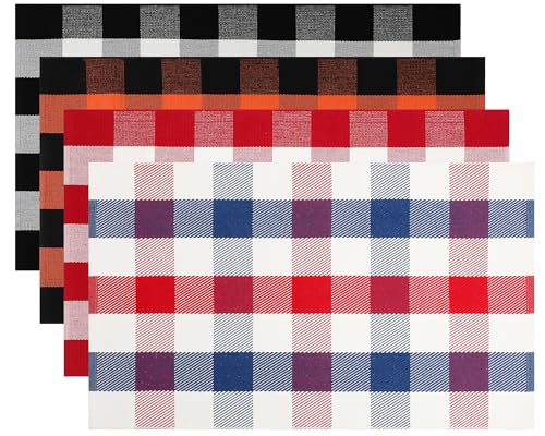 HunnmingRe 4 Pcs 4th of July Buffalo Plaid Outdoor Rug 27.5'' x 43'' Front Door Mat Washable Cotton Farmhouse Mat Checkered Carpet for Indoors, Layered, Porch, Farmhouse (Buffalo Plaid,Patriotic) - color: Patriotic