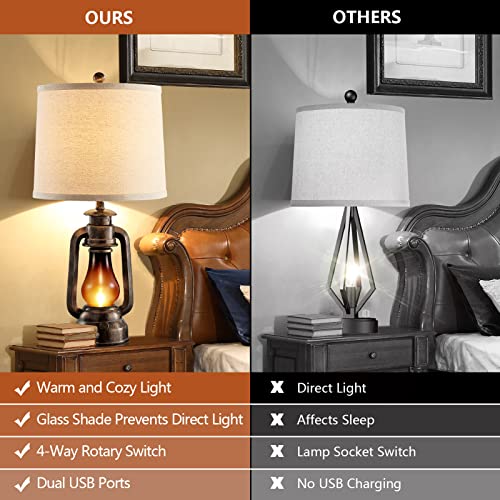 Farmhouse Lantern Table Lamps for Living Room Set of 2 with USB C+A | Vintage Bedroom Resin Lamp, Rustic Retro Bedside Nightstand Desk Lamp, 4 Bulb Included - color: 25'' Bronze Lantern Lamps