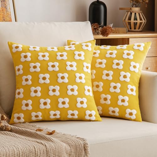 EMEMA Fall Yellow Decorative Throw Pillow Covers 20x20 Inch Set of 2 Sun Flower Jacquard Daisy Cute Pillowcase Cushion Case Square for Couch Sofa Bed Living Room Bedroom - color: A-yellow, size: 20" x 20" (Pack of 2)