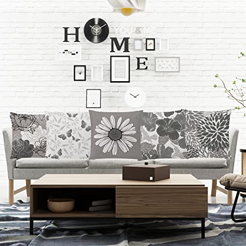 COMMINY Grey Pillow Cover 16x16 Set of 6 Daisy Dhalia Throw Pillow Covers Square Cushion Covers for Couch Sofa Living Room Home Decor - color: Grey White Daisy, size: 16" x 16" (Pack of 6)