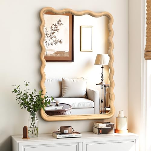 TRAHOME 24x36 Wavy Wood Bathroom Vanity Mirror, Boho Wall Mirror with Natural Wood Frame for Over Sink, Entryway, Bedroom - color: Natural a, size: 36"L x 24"W