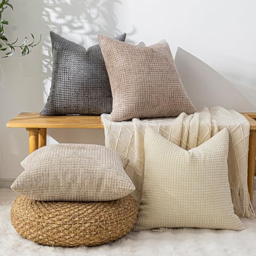 Pack of 4 Throw Pillow Covers 18x18 inch Neutral Boho Cushion Covers Decorative Farmhouse Pillow Covers for Couch Bed Sofa Living Room Home Decor Soft Square Pillowcase - color: Neutral, size: 18" x 18" (Pack of 4)