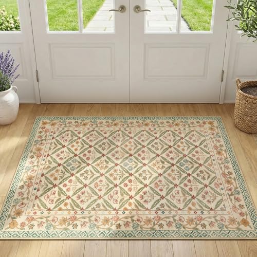 jinchan Haden Accent Rug 3x5 Vintage Floral Washable Rug for Bedside Entryway Soft Non-Slip Low Pile Small Carpet for Girls Dorm Small Living Room Cottage Indoor Decor Teal Blue - color: Teal Blue, size: 3' x 5' (Rectangular)