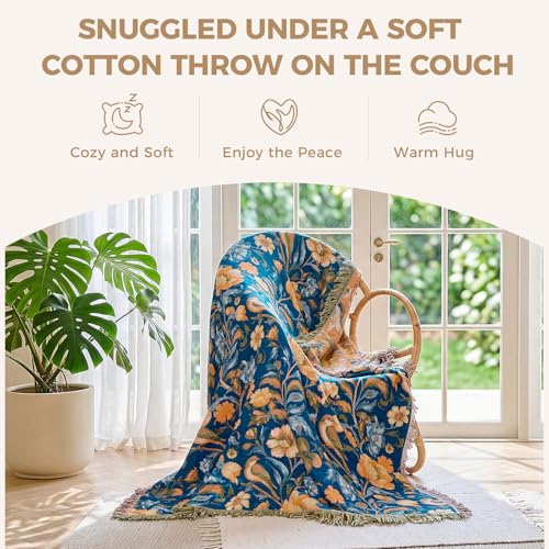 LUTBM Boho Throw Blanket for Couch Sofa Chair Cotton Summer Blankets for Bedroom Living Room All Season Soft Lightweight Reversible Floral Bird Embroidery Decorative Throws 50"x60" - color: Bird-floral-navy, size: 50"×60"