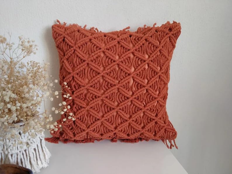 Rust Terracotta Macrame Throw Pillow Cover, Boho Textured Knitted Fringe Decorative Cushion Case, Diamond Lattice Woven Square Pillowcase for Sofa Couch Bedroom Farmhouse Home Decor, 18x18 Inch (Pillo