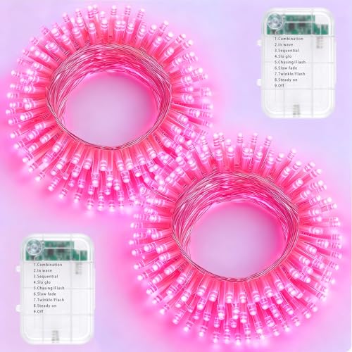 Pooqla 2 Pack String Lights Battery Operated, Total 66.6ft 200 LED Fairy Lights Indoor Outdoor Decorations, 8 Modes Pink Battery Lights for Wedding Valentine's Day Bedroom Porch Party Yard Decor - color: Pink, size: 100 LED x2