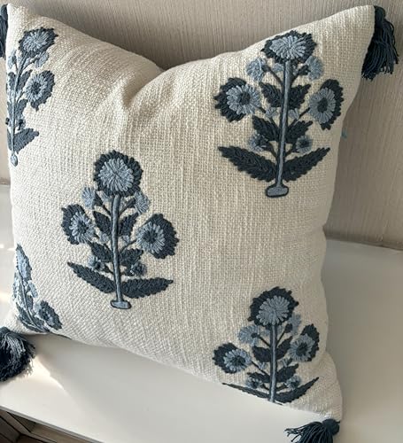 Blue Floral Hand Embroidered 20x20 Throw Pillow Cover - Ivory Cushion Cover for Sofa Couch Living Room - Crewel Grandmillennial Farmhouse Decor - Russell Motif - color: Ivory-russell Motif, size: 20" x 20" (Pack of 1)