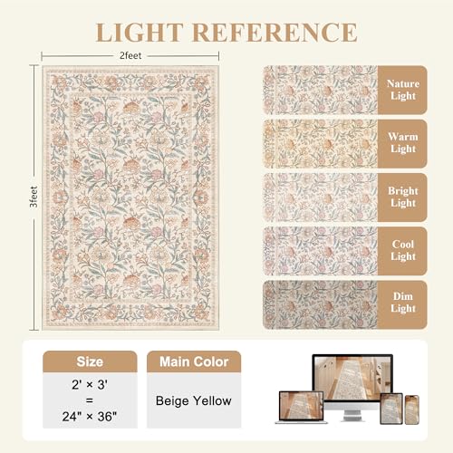 DUKINO 2x3 Rugs for Entryway, Washable Vintage Floral Small Area Rug with Non Slip Backing, Ultra Soft Door Mat Indoor Entrance Low Pile Floor Carpet for Kitchen, Bathroom, Bedroom, Farmhouse, Beige - color: Beige Yellow, size: 2' x 3' (Rectangular)