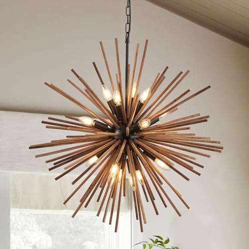 31.3" Farmhouse Sputnik Chandelier for Dining Room Rustic Handmade Natural Wood 16-Light Hanging Ceiling Pendant Light Fixture Starburst Wood Chandeliers for Kitchen Bedroom Foyer Hallway - size: Diameter 31.3", 16-Light