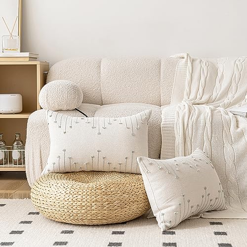LILEPOY Boho Throw Pillow Covers 12x20 Set of 2 Neutral Decorative Textured Cushion Case Farmhouse Pillowcase Modern Lumbar Pillow Covers for Sofa,Couch, Living Room,Beige and Green - color: Beige and Green, size: 20" x 12" (Pack of 2)