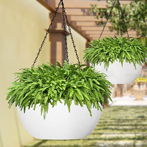 WOUSIWER 13 inch 2Pack Large Hanging Planters for Outdoor Indoor Plants with Drainage Holes and Chain, Round Hanging Flower Pots for Garden Home Porch Decor, White - color: White