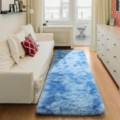 ONASAR Runner Rugs for Bedroom Living Room, Fluffy Tie-Dyed Blue 2x6 Bedside Hallway Area Rug, Ultra Soft Plush Furry Faux Fur Non Slip Floor Carpet for Nursery Kids Dorm Closet Home Decor - color: Sky Blue, size: 2' x 6' (Runner)