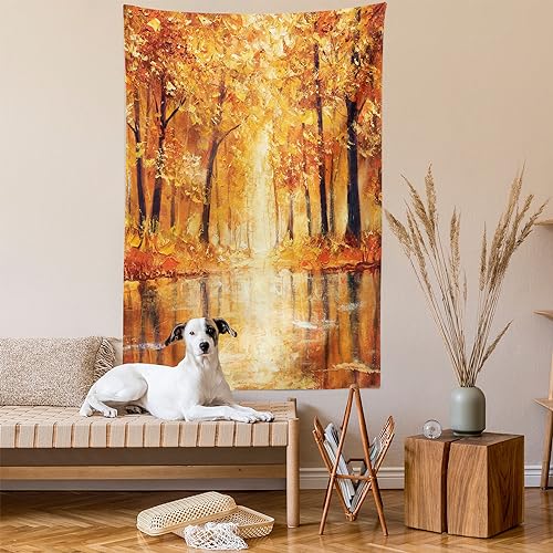 Ambesonne Country Tapestry, Painting of a Forest by The Small Lake in Autumn Pale Fall Trees and Leaves Art, Wall Hanging for Bedroom Living Room Dorm Decor, 40" X 60", Brown Orange - color: Orange Brown, size: 60"L x 40"W