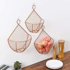 MyGift Set of 3, Farmhouse Copper Metal Wire Mesh Wall Hanging Baskets, Wall-Mounted Storage Basket, Decorative Kitchen Fruit Wall Basket Produce Holder