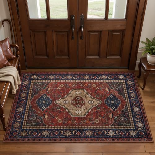 Tangsoo Oriental 2x3 Washable Rugs, Red Vintage Non Slip Small Area Rug Carpet, Indoor Front Door Rug for Entryway, Door Mat Indoor Entrance Soft Low Pile Throw Rugs for Entry Kitchen Bedroom - color: Red/Blue/Beige, size: 2' X 3' (Rectangular)