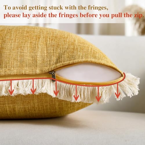 Throw Pillow Covers 16x16 Mustard Yellow Faux Linen Decorative Boho Farmhouse Pillowcases with Tassels Rustic Woven Textured Burlap Cushion Cases for Sofa Bed Living Room Home Decor Set of 2 - color: Mustard Yellow, size: 16" x 16" (Pack of 2)