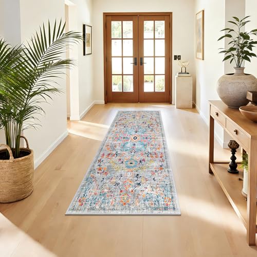 Pauwer Hallway Runner Rug 2x4 Washable Runner Non Slip Floor Carpet Boho Farmhouse Vintage Throw Area Rugs for Hallway Kitchen Entryway Laundry Room Bedroom Bathroom, Grey Multi - color: Grey Multi, size: 2' x 4' (Runner)