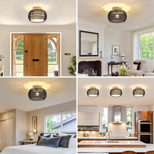 Boho Rattan Ceiling Light Fixture - 3 Style Options Wicker Semi Flush Mount Ceiling Lights,Black Bohemian Woven Basket Chandelier,Coastal Light Fixtures for Hallway Bedroom Nursery Playroom Laundry - color: Black
