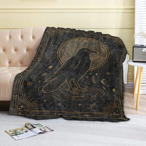 Mystic Raven Fleece Blanket,40x50in,Gothic Gold Line Art Celestial Symbol Occult Throw Blankets,Soft Cozy Lightweight, Ideal for Witchy Bed Living Room Home Decor - color: Raven, size: 40x50 Inch