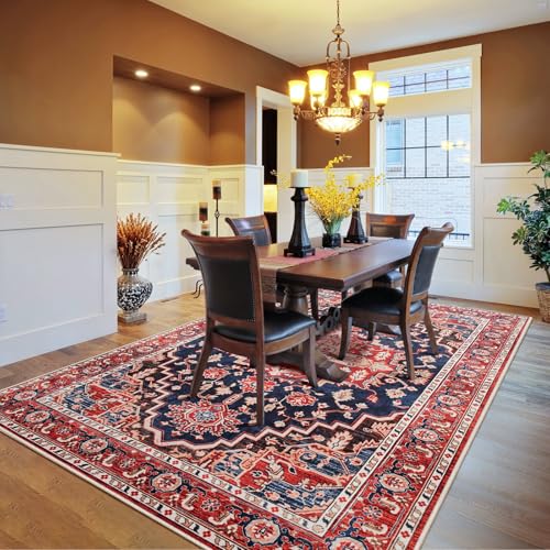 Amearea Vintage Design Area Rugs for Living Room, 4x6 Machine Washable Floral Collection Traditional Bedroom Rug, Low Pile Dinning Room Carpet, No Slip Office Kitchen Home Decor, Red and Blue - color: Red/Blue, size: 4' X 6' (Rectangular)