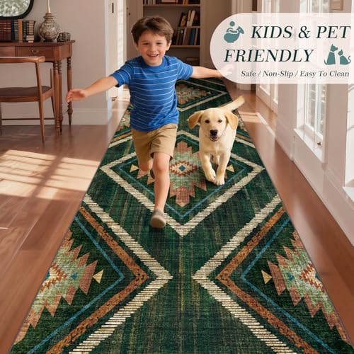 Boho Runner Rugs for Hallway 3x14Ft Non Slip, Long Wide Green Moroccan Washable Kitchen Rug Runner, Soft Geometric Entryway Floor Carpets for Entrance Doorway Home Office Decor - color: Green, size: 3' x 14' (Rectangular)