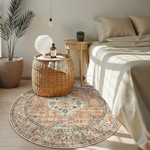Lahome Oriental Washable Round Rugs, Non-Slip Round Rug 4ft Ultra-Thin, Vintage Soft Small Circle Carpet for Entryway Kitchen Bedroom Nursery Bathroom Eleanor, Peach/Orange - color: Terracotta, size: 4'(Round)