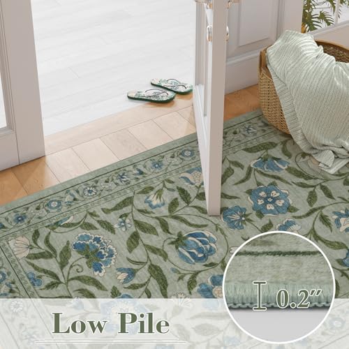 Collive Washable Entryway Rugs, Green 2 x 3 Spring Floral Rug Modern Soft Kitchen Carpet Non Slip, Vintage Bathroom Mats Stain Resistant Inside Front Door Mat for Entrance, Bedroom - color: Green, size: 2' x 3'