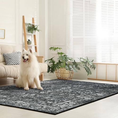 Lahome Margot 6x9 Area Rugs Washable Rugs for Bedroom Large Black Area Rug for Bedroom,Soft Vintage Distressed Rug Non Slip Stain Resistant Indoor Carpet for Dining Decor - color: Black/Grey, size: 6' x 9' (Rectangular)