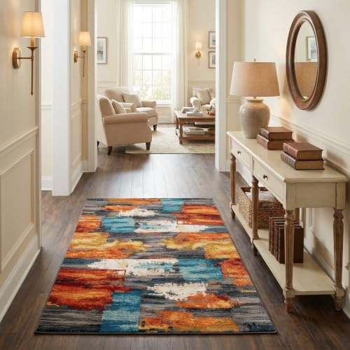 3x5 Area Rug for Living Room,Modern Abstract Burnt Orange Rug,Terracotta and Teal Brushstroke,Washable Rug,Non Slip, for Entryway, Kitchen, Laundry Room, Bathroom - color: Burn Orange, size: 3' x 5' (Rectangular)