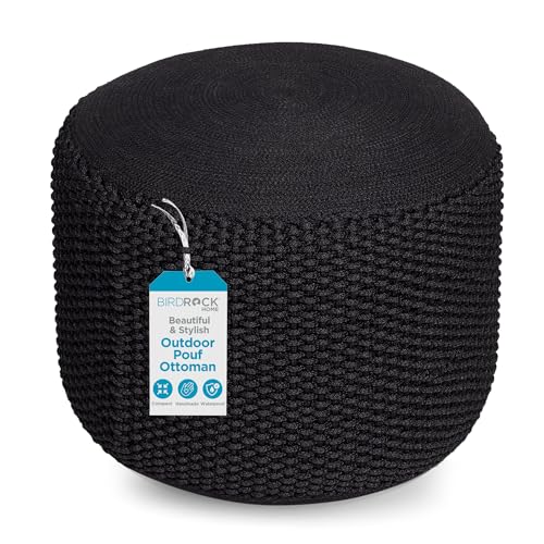 BIRDROCK HOME Outdoor Pouf Ottoman | Hand Woven Waterproof Foot Stool with Bead Bag Filling | Boho Foot Rest for Patio, Living Room, Porch & Outdoor Seating | Lightweight, Soft Stuffed Chair | Black - color: Black