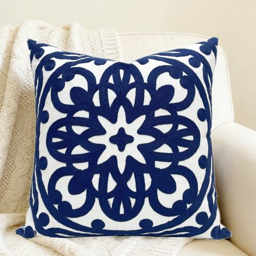 Slow Cow Canvas Embroidered Decorative Throw Pillow Cover Square 18 x18 inches Cozy Boho Mandala Chic Knit Pattern Cushion Cover for Sofa Couch Living Room Bedroom - color: Navy Petal, size: 18" x 18" (Pack of 1)
