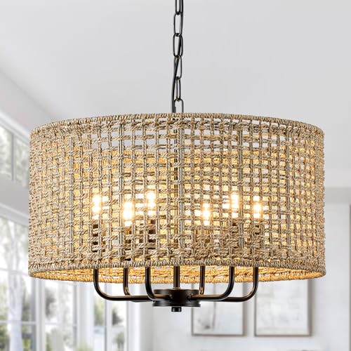 20" Rattan Hand-Woven Boho Wicker Chandelier - 6-Light Drum Farmhouse Oversized Vintage Pendant Light Fixture for Dining Room, Kitchen Island, Entryway (Black) - color: Black 6-Light 20" Drum