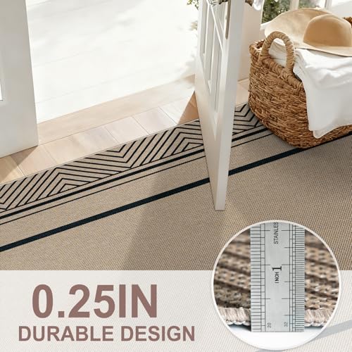 Capslpad 2x8 Hallway Outdoor Rug, Easy Jute Geometry Line Entryway Rug, Farmhouse Washable Non-Slip Rubber Backing, Stain Resistant Low Pile Runners for Hallways, Kitchen, Bedroom, Laundry, Black - color: Black, size: 2' x 8' (Rectangular)