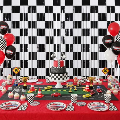 TONIFUL 2 Packs Race Car Checkered Foil Fringe Curtains 3.3 x 6.6 ft | Black and White Metallic Tinsel Streamers Curtain Backdrop for Race Car Themed Birthday Sports Party Photo Booth Decorations - color: Checkered