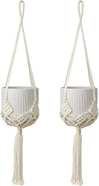 2 Pack Macrame Hanging Planters with Patterns - Stylish Plant Hangers Crochet Boho Plant Holder Hanging Plant Basket for Up to 6 Inch Pots(White)