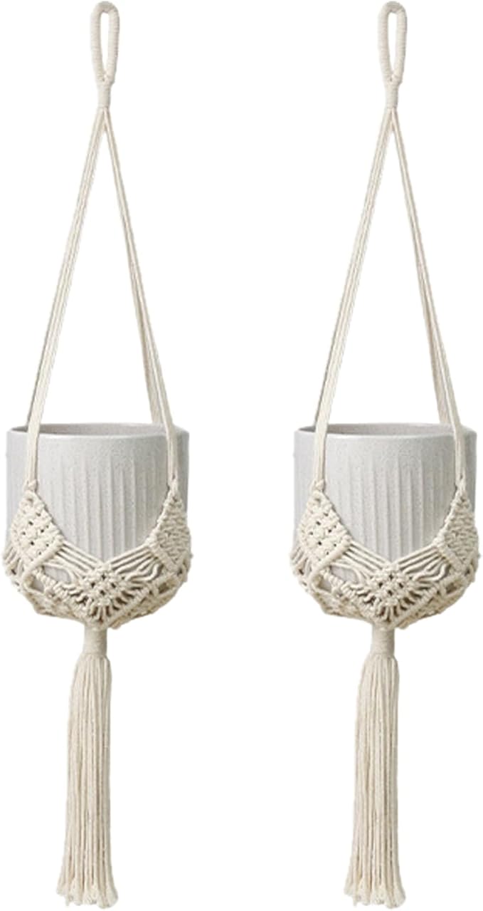 2 Pack Macrame Hanging Planters with Patterns - Stylish Plant Hangers Crochet Boho Plant Holder Hanging Plant Basket for Up to 6 Inch Pots(White)