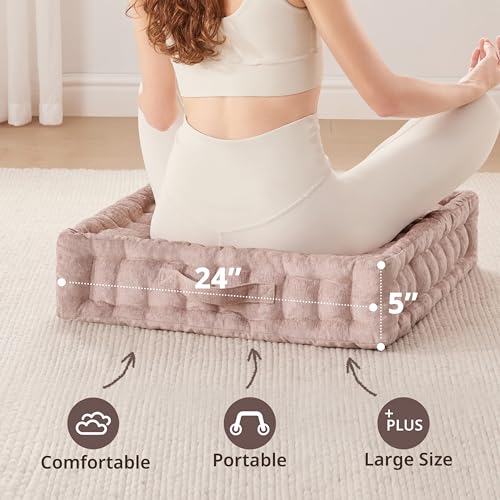 Intelligent Design Large Floor Pillow for Adults Yoga or Meditation Cushion with Handle, Floor Cushion for Board Games, Lustrous Chenille Tufted, Handsewn Scalloped Edge, Azza, 24" x 24" x 5" Blush - color: Square Blush With Handle, size: 24"W x 24"L x 5"