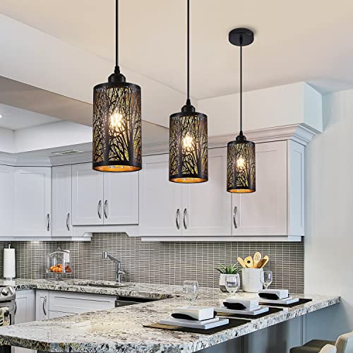 Industrial Black Pendant Light Fixture Vintage Farmhouse Mini Black Gold Pendant Lighting Rustic Hollow-Carved Cylinder Pendant Light for Kitchen Island, Dining Room, Bedroom - color: Black&Gold