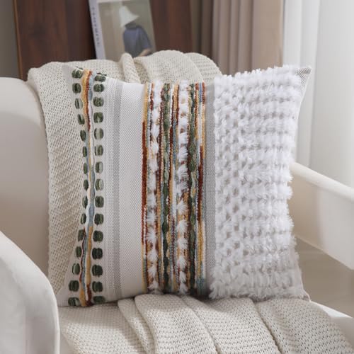 Boho Throw pillow covers 18x18 set of 2 farmhouse decorative Couch pillow covers neutral Accent throw pillows covers striped outdoor cushion covers square textured chenille pillow cases for sofa bed - color: Z Caramel Green