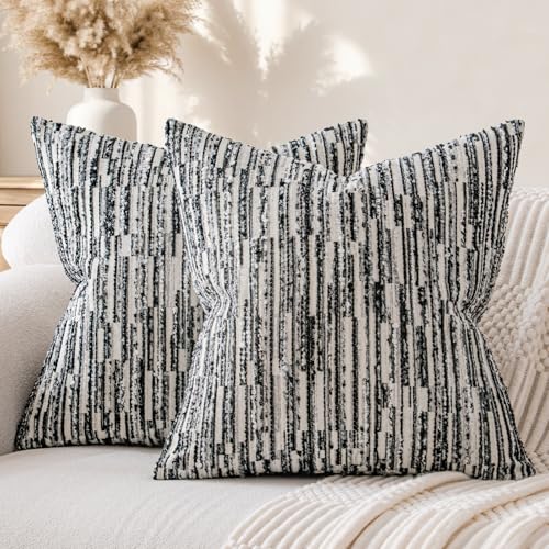 a moment Boho Throw Pillow Covers Set of 2,Striped Decorative Rustic Farmhouse Pillow Cases,Aesthetic Modern Home Decor Couch Cushion Covers for Bed Sofa Living Room 18"X18" Black - color: Black, size: 18" x 18" (Pack of 2)