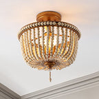 JONATHAN Y 14" Antique Gold/Light Taupe Wood Beaded LED Semi Flush Mount Light, Boho Farmhouse 3-Light Ceiling Chandelier with Cream Wood Bead Shade for Nursery, Bedroom (JYL9020C) - color: Antique Gold/Light Taupe