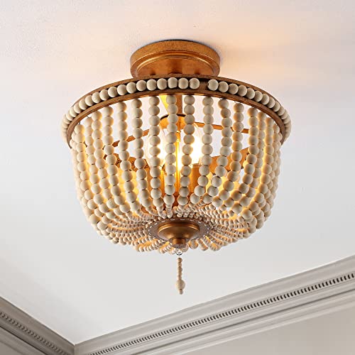 JONATHAN Y 14" Antique Gold/Light Taupe Wood Beaded LED Semi Flush Mount Light, Boho Farmhouse 3-Light Ceiling Chandelier with Cream Wood Bead Shade for Nursery, Bedroom (JYL9020C) - color: Antique Gold/Light Taupe