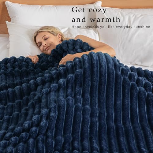 Exclusivo Mezcla California King Size Flannel Fleece Blanket, Super Soft Striped Jacquard Bed Oversized Blanket, Lightweight Fuzzy Cozy for All Seasons, 120x120 Inches, Navy Blue - color: Navy Blue, size: Cal King ( 120x120 IN )