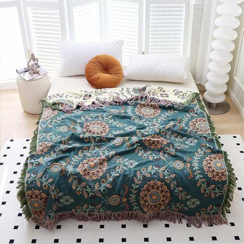 Snycler Boho Throw Blanket for Bed - 100% Cotton Ultra Soft Rustic Quilt - Blue Green Floral Printed Farmhouse Decor Bed Blankets, 80"×90" All Season Rustic Throw for Sofa Couch Chair - color: Blue Green Floral, size: 80"x90"
