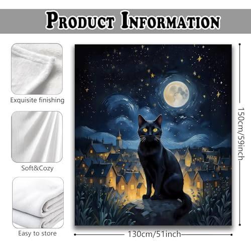 Starry Night Moody Black Cat Throw Blanket for Couch, Cat Blanket for Women Lovers, Mystical Celestial Black Kitten Throw Blankets for Bedroom Living Room Home Decoration, 50x60 Inches - color: Color_11