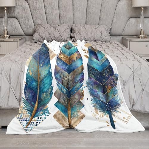 Blanket Bohemian Feather Leaf Throw Blanket for Women Men, 40"x50" Vintage Gold Geometry Plush Flannel Throws, Decor for Bed Couch Bedroom - color: Bohemian Feather Leaf, size: 40"x50"